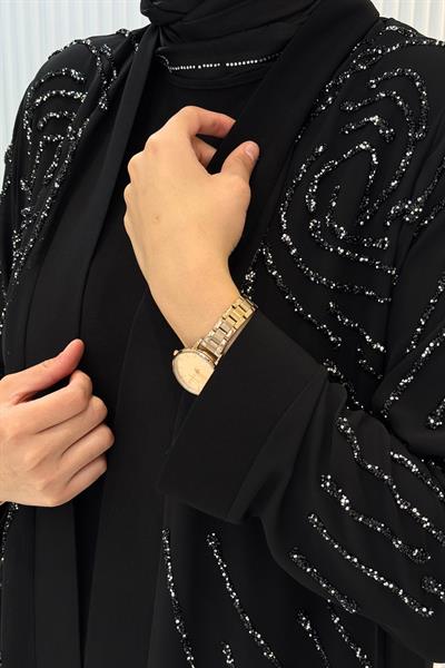 Büyük Beden Taş İşlemeli Abaya Takım Siyah OTW609