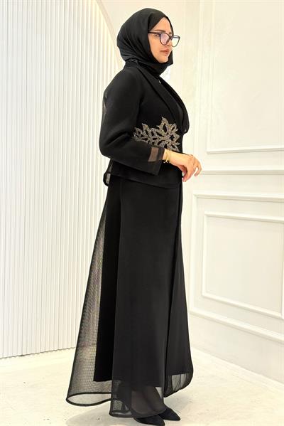 Büyük Beden Taş İşlemeli Abaya Takım Siyah OTW45859