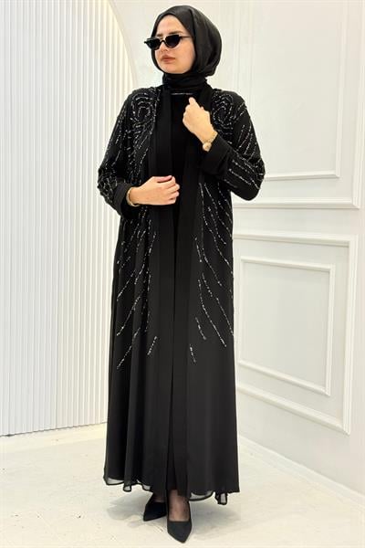 Büyük Beden Taş İşlemeli Abaya Takım Siyah OTW609