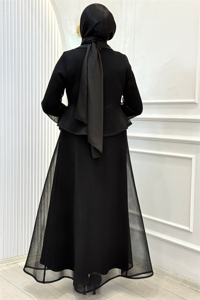 Büyük Beden Taş İşlemeli Abaya Takım Siyah OTW46933