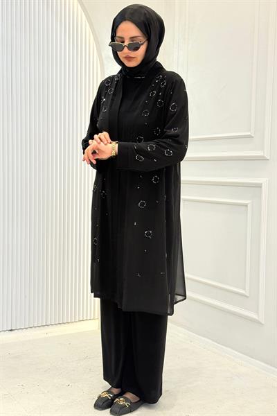 Büyük Beden Taş İşlemeli Abiye Üçlü Takım Siyah OTW357