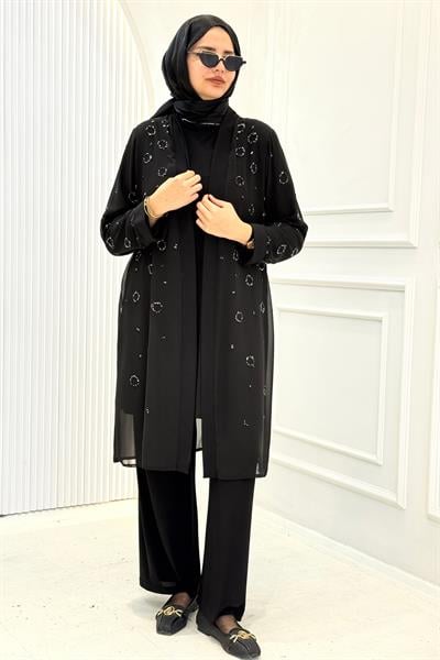 Büyük Beden Taş İşlemeli Abiye Üçlü Takım Siyah OTW357