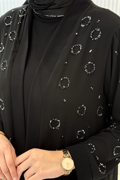 Büyük Beden Taş İşlemeli Abiye Üçlü Takım Siyah OTW357