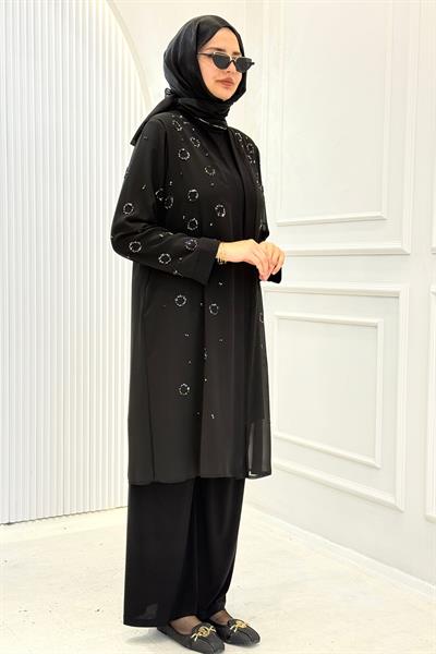 Büyük Beden Taş İşlemeli Abiye Üçlü Takım Siyah OTW357