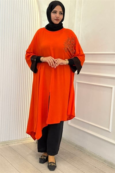 Büyük Beden Taş İşlemeli Asimetrik Tunik Orange OTW4177