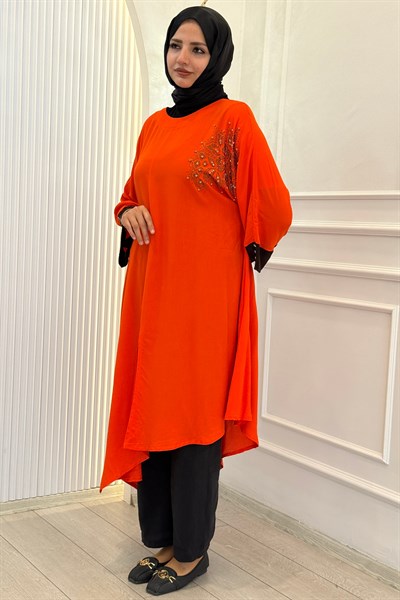 Büyük Beden Taş İşlemeli Asimetrik Tunik Orange OTW4177