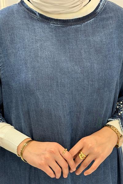 Büyük Beden Taş İşlemeli Çiçek Detaylı Denim Kot Tunik Mavi OTW4109