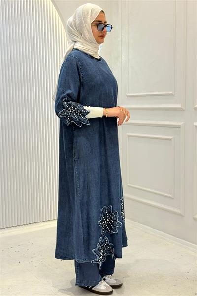 Büyük Beden Taş İşlemeli Çiçek Detaylı Denim Kot Tunik Mavi OTW4109