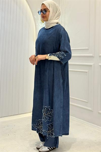 Büyük Beden Taş İşlemeli Çiçek Detaylı Denim Kot Tunik Mavi OTW4109