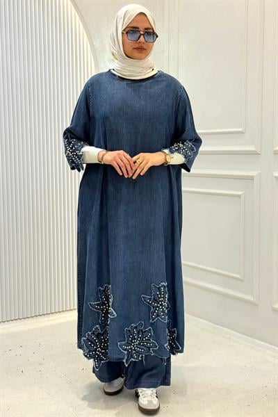 Büyük Beden Taş İşlemeli Çiçek Detaylı Denim Kot Tunik Mavi OTW4109