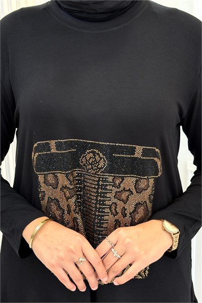 Büyük Beden Taş İşlemeli Desenli Tunik Pantolonlu Takım Siyah OTW3007