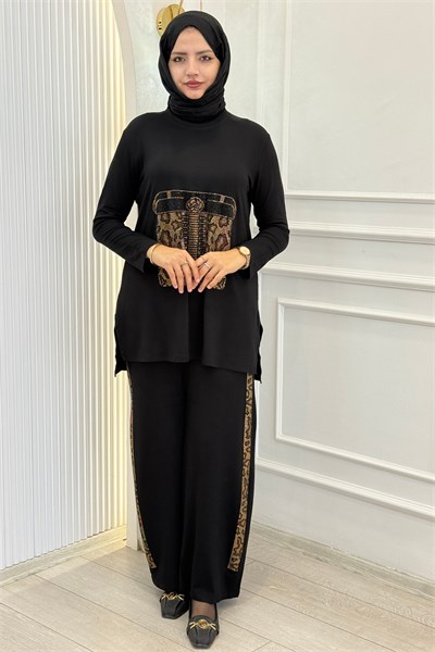 Büyük Beden Taş İşlemeli Desenli Tunik Pantolonlu Takım Siyah OTW3007
