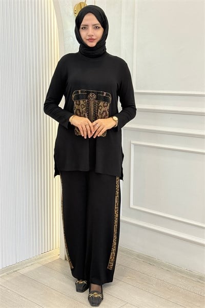 Büyük Beden Taş İşlemeli Desenli Tunik Pantolonlu Takım Siyah OTW3007