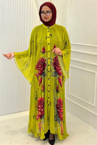 Büyük Beden Taş İşlemeli Gül Desenli Abaya Elbise Olive OTW2617