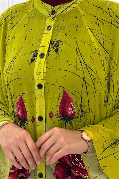 Büyük Beden Taş İşlemeli Gül Desenli Abaya Elbise Olive OTW2617