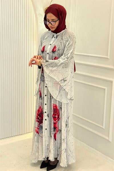 Büyük Beden Taş İşlemeli Gül Desenli Abaya Elbise Ekru OTW2617