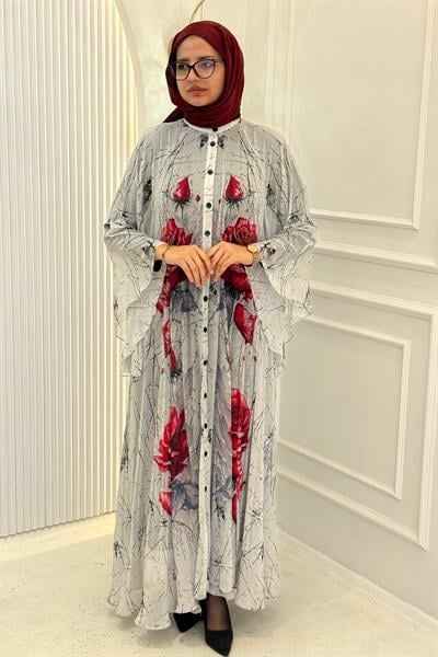 Büyük Beden Taş İşlemeli Gül Desenli Abaya Elbise Ekru OTW2617