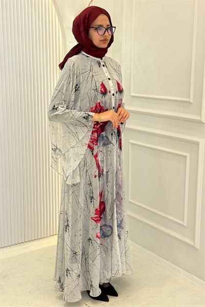 Büyük Beden Taş İşlemeli Gül Desenli Abaya Elbise Ekru OTW2617