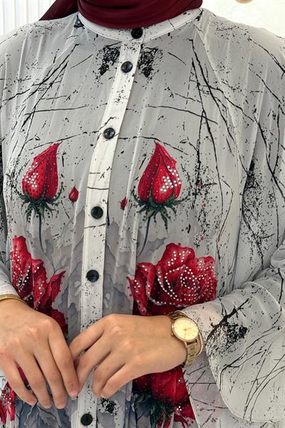 Büyük Beden Taş İşlemeli Gül Desenli Abaya Elbise Ekru OTW2617