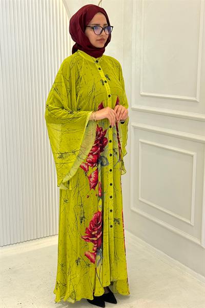 Büyük Beden Taş İşlemeli Gül Desenli Abaya Elbise Olive OTW2617