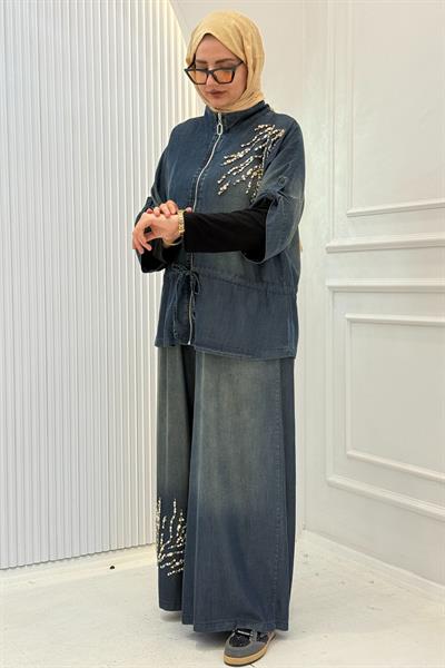 Büyük Beden Taş İşlemeli Kot İkili Takım Kot Mavi OTW9541