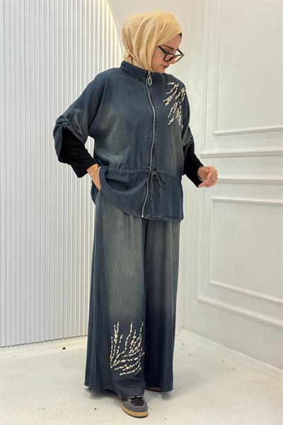 Büyük Beden Taş İşlemeli Kot İkili Takım Kot Mavi OTW9541