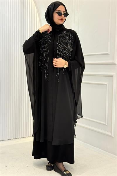 Büyük Beden Taş İşlemeli Pelerinli Abiye Elbise Siyah OTW606