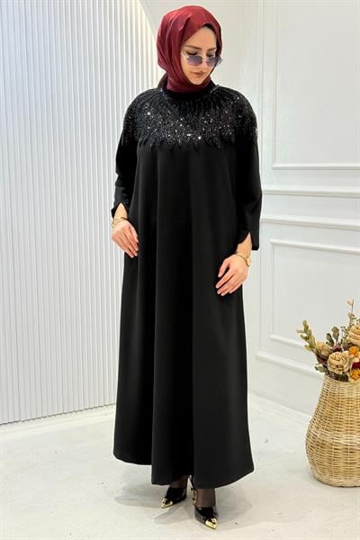 Büyük Beden Taş İşlemeli Şık Elbise Siyah OTW9182