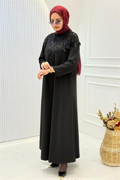 Büyük Beden Taş İşlemeli Şık Elbise Siyah OTW9182