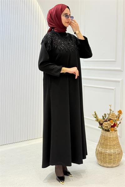 Büyük Beden Taş İşlemeli Şık Elbise Siyah OTW9182