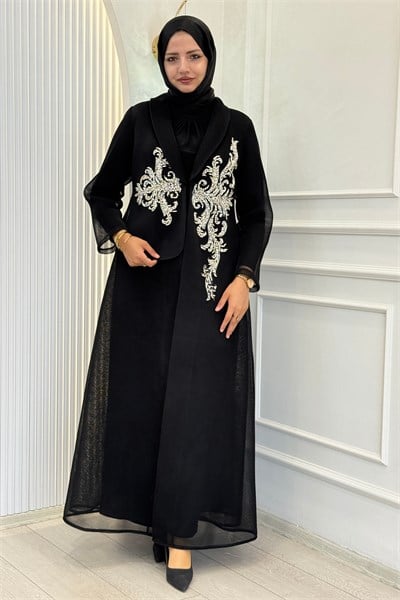 Büyük Beden Taş İşlemeli Tesettür Abaya Takım Siyah OTW46932