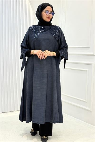 Büyük Beden Taş İşlemeli Tunik Elbise Lacivert OTW1278