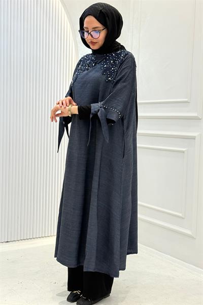 Büyük Beden Taş İşlemeli Tunik Elbise Lacivert OTW1278