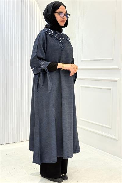 Büyük Beden Taş İşlemeli Tunik Elbise Lacivert OTW1278