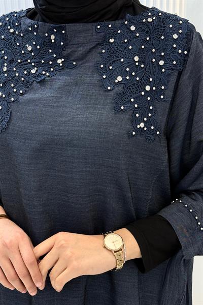 Büyük Beden Taş İşlemeli Tunik Elbise Lacivert OTW1278