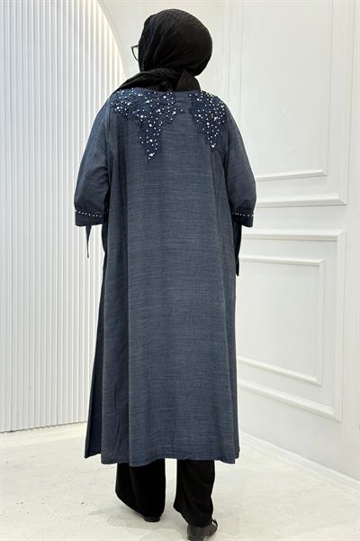 Büyük Beden Taş İşlemeli Tunik Elbise Lacivert OTW1278