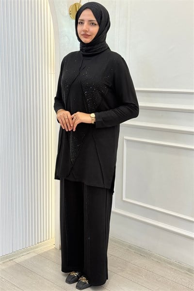 Büyük Beden Taş İşlemeli Tunik Pantolonlu Takım Siyah OTW3024