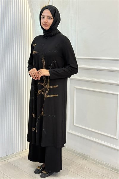 Büyük Beden Taş İşlemeli Tunik Pantolonlu Takım Siyah OTW3023