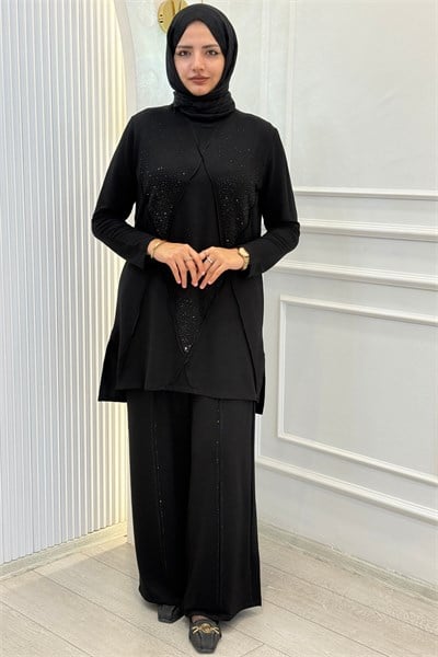 Büyük Beden Taş İşlemeli Tunik Pantolonlu Takım Siyah OTW3024