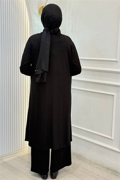 Büyük Beden Taş İşlemeli Tunik Pantolonlu Takım Siyah OTW3023