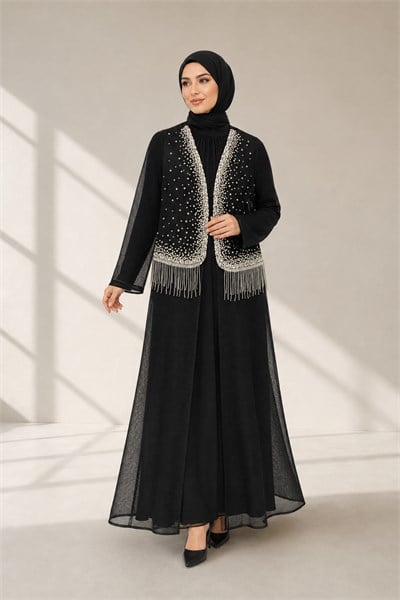 Büyük Beden Taş Püskül İşlemeli Abaya Takım Siyah OTW46934