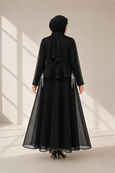 Büyük Beden Taş Püskül İşlemeli Abaya Takım Siyah OTW46934