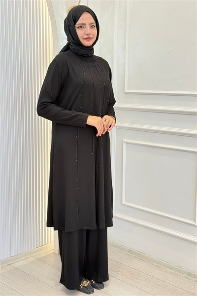 Büyük Beden Taş Şerit Detaylı Tunik Pantolonlu Takım Siyah OTW3008
