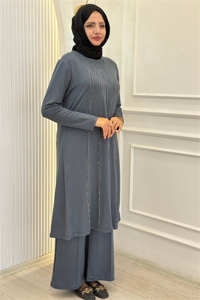 Büyük Beden Taş Şerit Detaylı Tunik Pantolonlu Takım kÜF OTW3008
