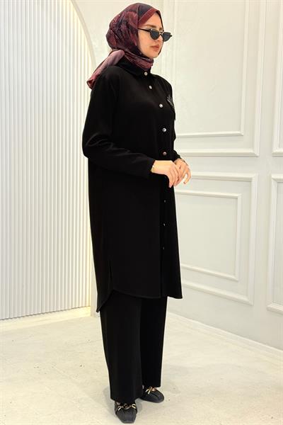 Büyük Beden Taş Yaprak Aplikeli Tunik Pantolon Takım Siyah OTW330