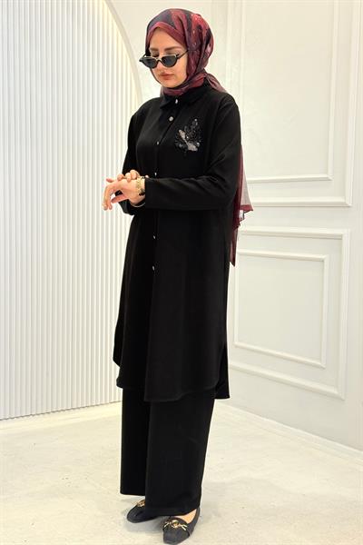 Büyük Beden Taş Yaprak Aplikeli Tunik Pantolon Takım Siyah OTW330