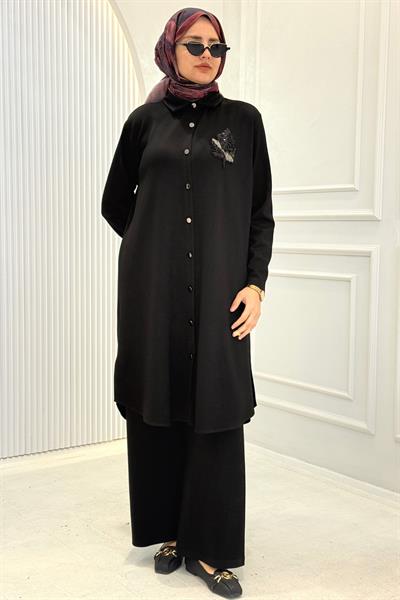 Büyük Beden Taş Yaprak Aplikeli Tunik Pantolon Takım Siyah OTW330