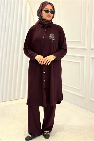 Büyük Beden Taş Yaprak Aplikeli Tunik Pantolon Takım Bordo OTW330