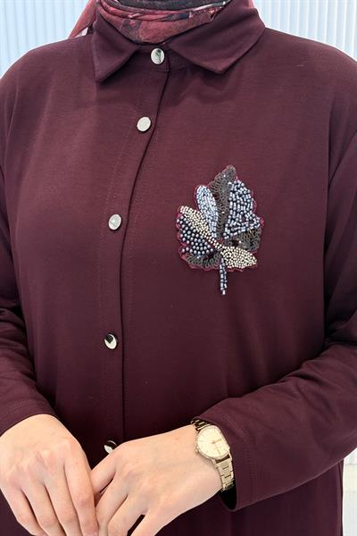 Büyük Beden Taş Yaprak Aplikeli Tunik Pantolon Takım Bordo OTW330