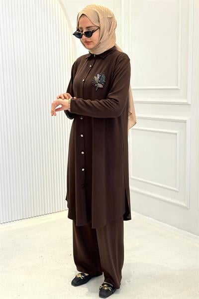 Büyük Beden Taş Yaprak Aplikeli Tunik Pantolon Takım Kahve OTW330